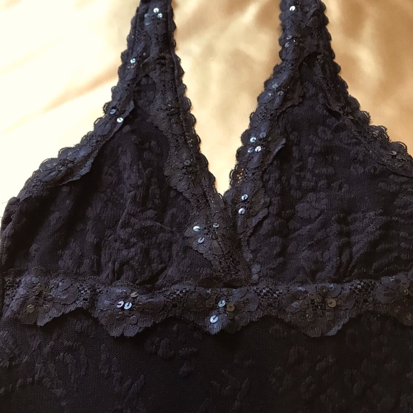 Rampage Black Lace Halter Top with Black Sequin Trim Detail Double Lined Large - Picture 3 of 15